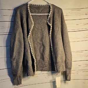 Commense  Gray Cardigan Sweater with Pearl Embellishment, Open Front Knit Top,XL